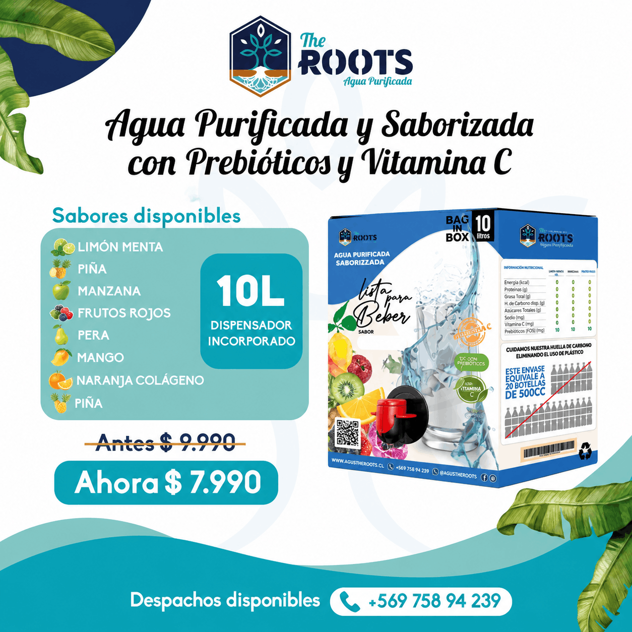 Agua Purificada y Saborizada de 10 Litros , Manzana, Mango, Fruto Rojos, Naranja Colágeno, Piña, Pera, Limón Menta.